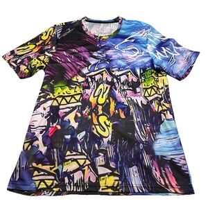 Graffiti All Over Print Mesh T-Shirt Mens Medium Multicolor Streetwear Tee‎